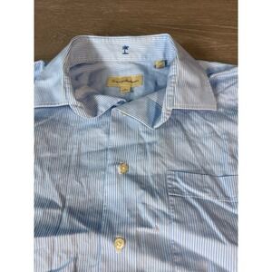 Tommy Bahama Mens Blue White Stripe Button Down Shirt Palm Tree Logo SZ 16 34-35